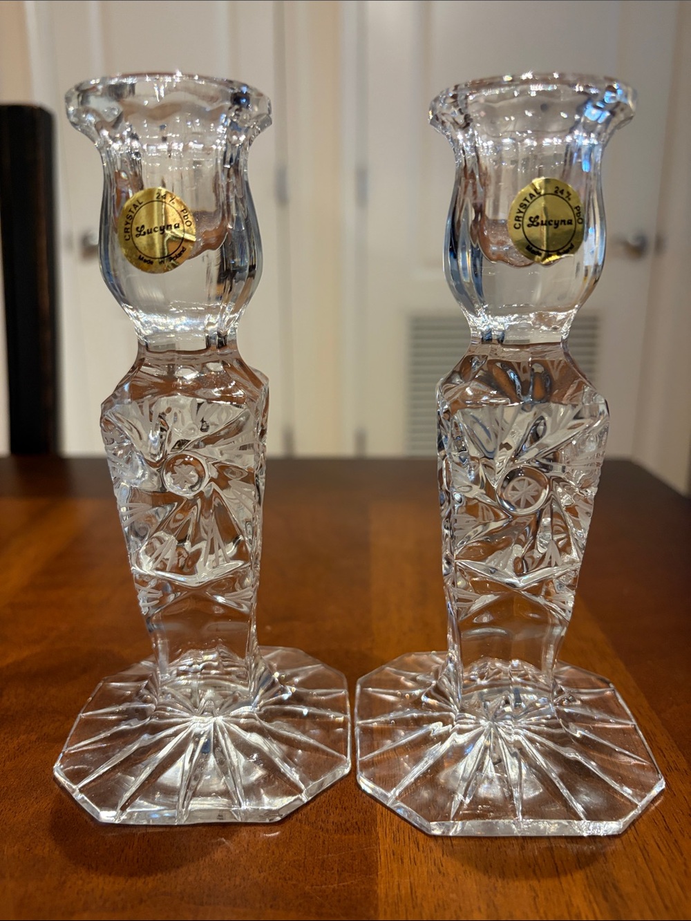 Lucyna Clear Crystal Cut Glass Candlestick Pair